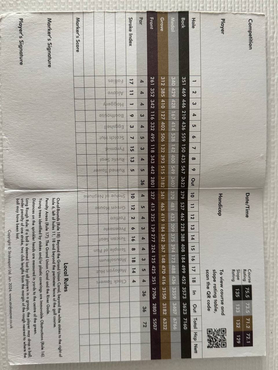 The Grove scorecard — Hertfordshire, England. Back tees 7,160 yards, Par 72, 75.5/135 rating.
